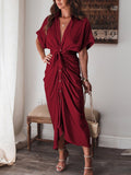 Robe chemise en satin à manches courtes pour femmes avec ceinture