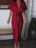 Robe chemise en satin à manches courtes pour femmes avec ceinture