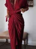 Robe chemise en satin à manches courtes pour femmes avec ceinture