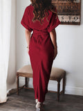 Robe chemise en satin à manches courtes pour femmes avec ceinture