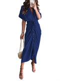 Robe chemise en satin à manches courtes pour femmes avec ceinture
