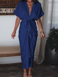 Robe chemise en satin à manches courtes pour femmes avec ceinture