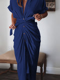 Robe chemise en satin à manches courtes pour femmes avec ceinture