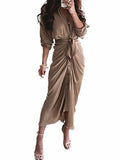 Women's Ruched Maxi Dresses Button Down Short Sleeve Maxi Shirt Satin Dress