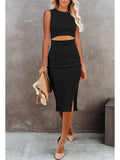 Women's Sleeveless Midi Cut Out Dress Summer Split Bodycon Tank Dress