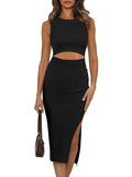 Women's Sleeveless Midi Cut Out Dress Summer Split Bodycon Tank Dress