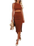 Women's Sleeveless Midi Cut Out Dress Summer Split Bodycon Tank Dress