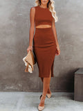 Women's Sleeveless Midi Cut Out Dress Summer Split Bodycon Tank Dress