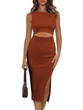 Women's Sleeveless Midi Cut Out Dress Summer Split Bodycon Tank Dress