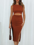 Women's Sleeveless Midi Cut Out Dress Summer Split Bodycon Tank Dress