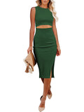 Women's Sleeveless Midi Cut Out Dress Summer Split Bodycon Tank Dress
