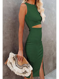 Women's Sleeveless Midi Cut Out Dress Summer Split Bodycon Tank Dress