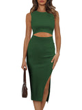Women's Sleeveless Midi Cut Out Dress Summer Split Bodycon Tank Dress
