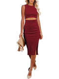 Women's Sleeveless Midi Cut Out Dress Summer Split Bodycon Tank Dress