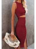 Women's Sleeveless Midi Cut Out Dress Summer Split Bodycon Tank Dress