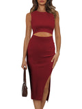 Women's Sleeveless Midi Cut Out Dress Summer Split Bodycon Tank Dress