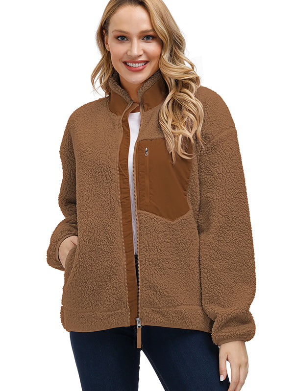 Manteau chaud pour femme veste en fausse fourrure poche avant manteau polaire d'hiver