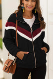 Ladies Zip Up Color Block Black Teddy Coat