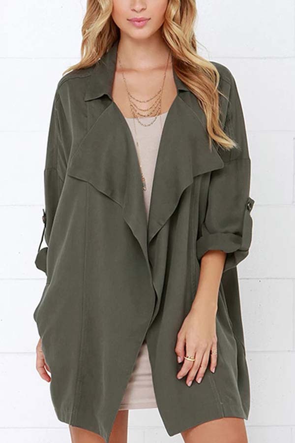 Notched Collar Solid Open Front Coat