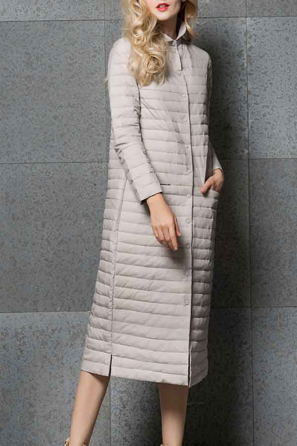 Women Stand-Up Collar Women Maxi Quilted Jacket Light Grey