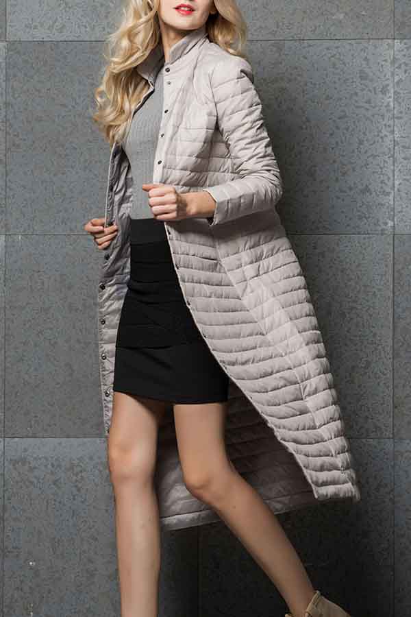 Women Stand-Up Collar Women Maxi Quilted Jacket Light Grey
