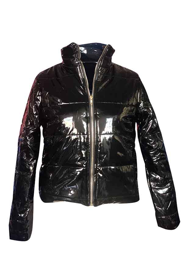 Pu Leather Black Puffer Jacket Women