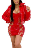 Women Zip Up Shiny Puffer Jacket Red