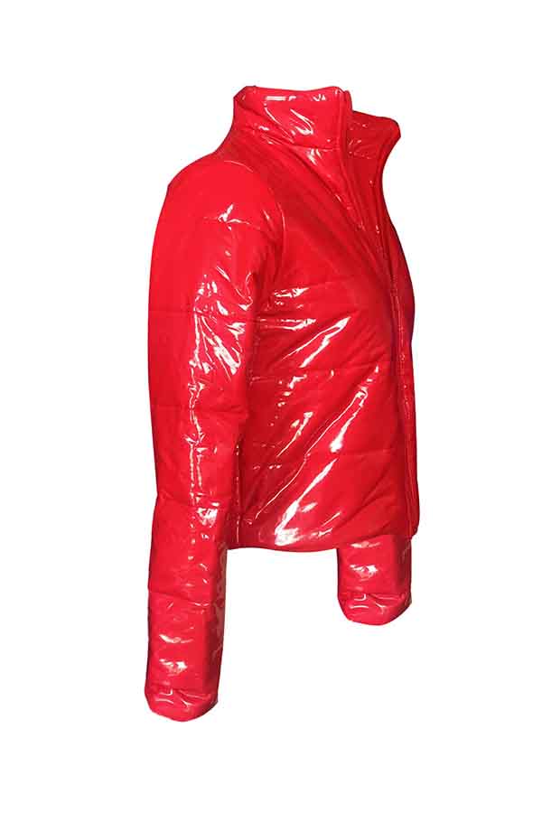 Women Zip Up Shiny Puffer Jacket Red