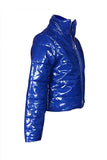 Women Zipper Patent Leather Puffer Coat Sapphire Blue