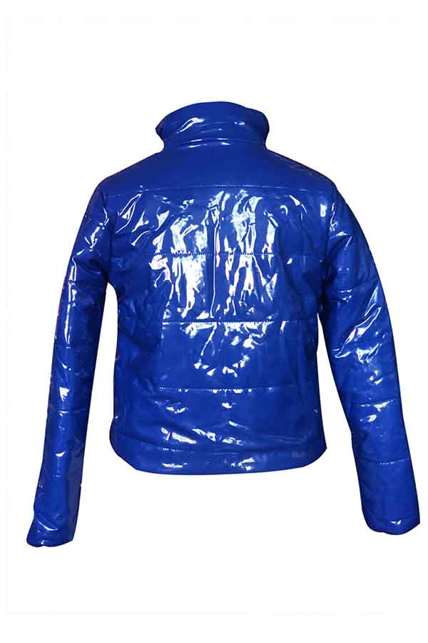 Women Zipper Patent Leather Puffer Coat Sapphire Blue