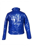 Women Zipper Patent Leather Puffer Coat Sapphire Blue
