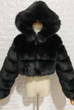 Womens Faux Fur Crop Jacket With Hood Black