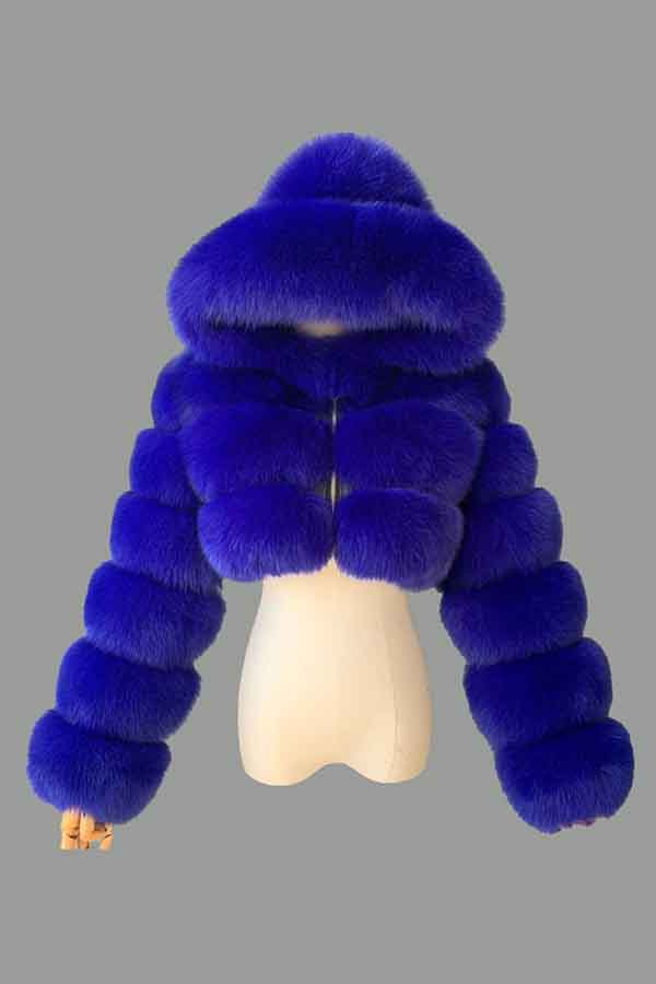 Winter Furry Faux Fur Hooded Coat Sapphire Blue