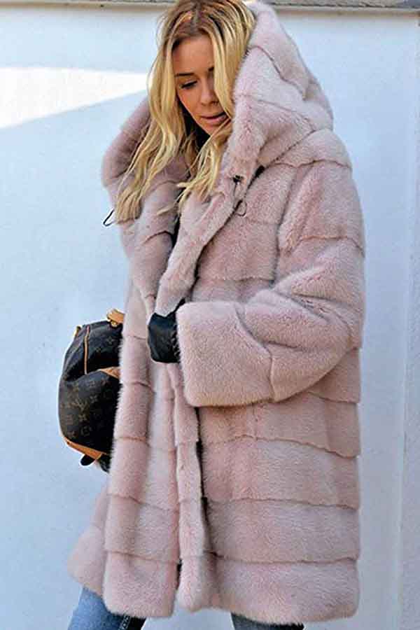 Luxury Warm Long Faux Fur Coat With Hood Pink