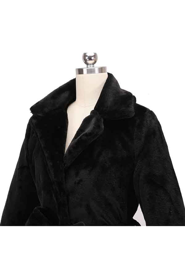 Womens Luxury Lapel Long Faux Fur Black Coat