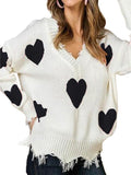 Women's V Neck Heart Print Sweater Distressed Raw Hem Sweaters