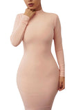 Womens  Turtleneck Long Sleeve Bodycon Dress Nude