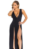 Sexy V Neck Slit Front Sleeveless Maxi Black Club Dresses