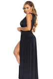 Sexy V Neck Slit Front Sleeveless Maxi Black Club Dresses