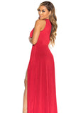 Sexy V Neck Slit Front Sleeveless Maxi Red Club Dresses