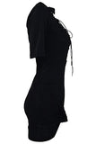Sexy Lace-Up V Neck Short Sleeve Shirts & Tops Black Club Dresses