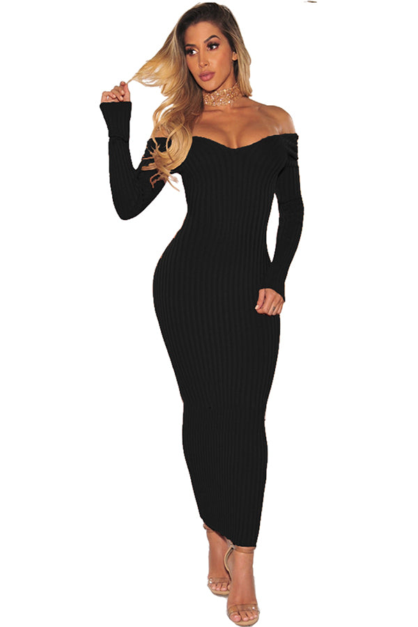 Off Shoulder Long Sleeve Textured Bodycon Maxi Sweater Dress Black
