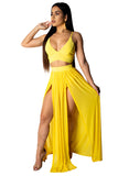 V Neck Crop Top High Waisted Split Maxi Skirt Two-Piece Set Yellow