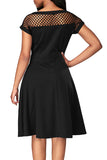 Crew Neck Short Sleeve Bowknot Decoration Fishnet Midi Skater Dress Black