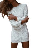 Lantern Sleeve Glitter Bodycon Mini Dress White