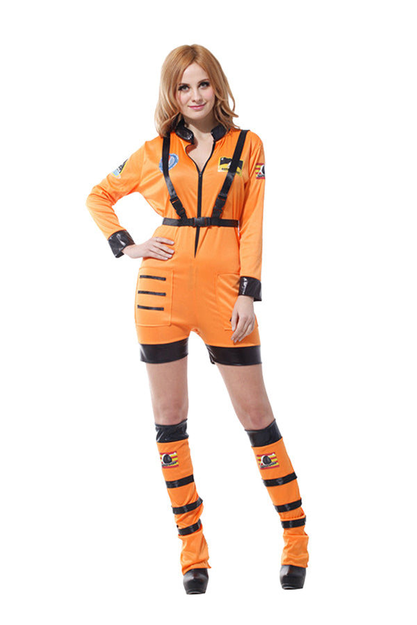 Sexy Astronaut Rocket Space Girl Romper Adult Halloween Costume Orange
