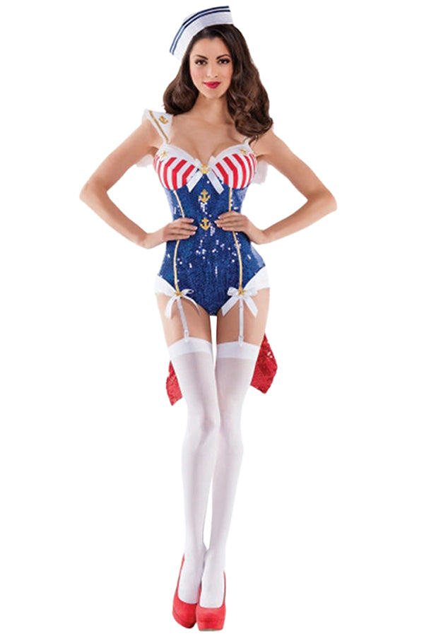 Womens Sexy Sailor Bodysuit Costume With Large Bowtie Blue