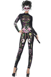 Women Sugar Skull Cat Halloween Costume Black
