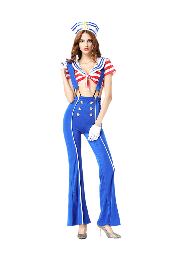 Womens Sexy Cute Crop Top Suspenders Halloween Sailor Costume Blue