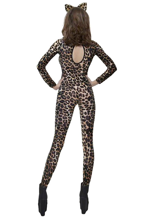Sexy Leopard Print Catsuit Women's Halloween Costume Khaki